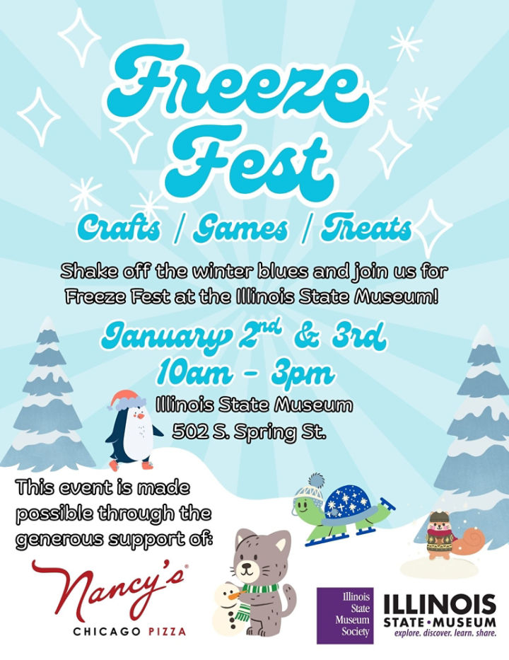 Promotional ad for Freeze Fest event featuring cartoon animals in a snowy landscape